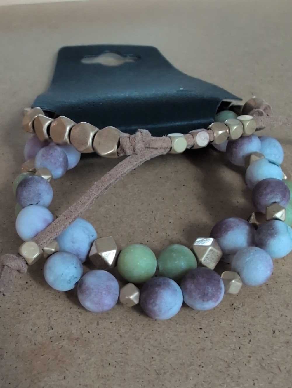 Matte Bead Stretch Bracelet Set with Gold Accents - Green & Purple